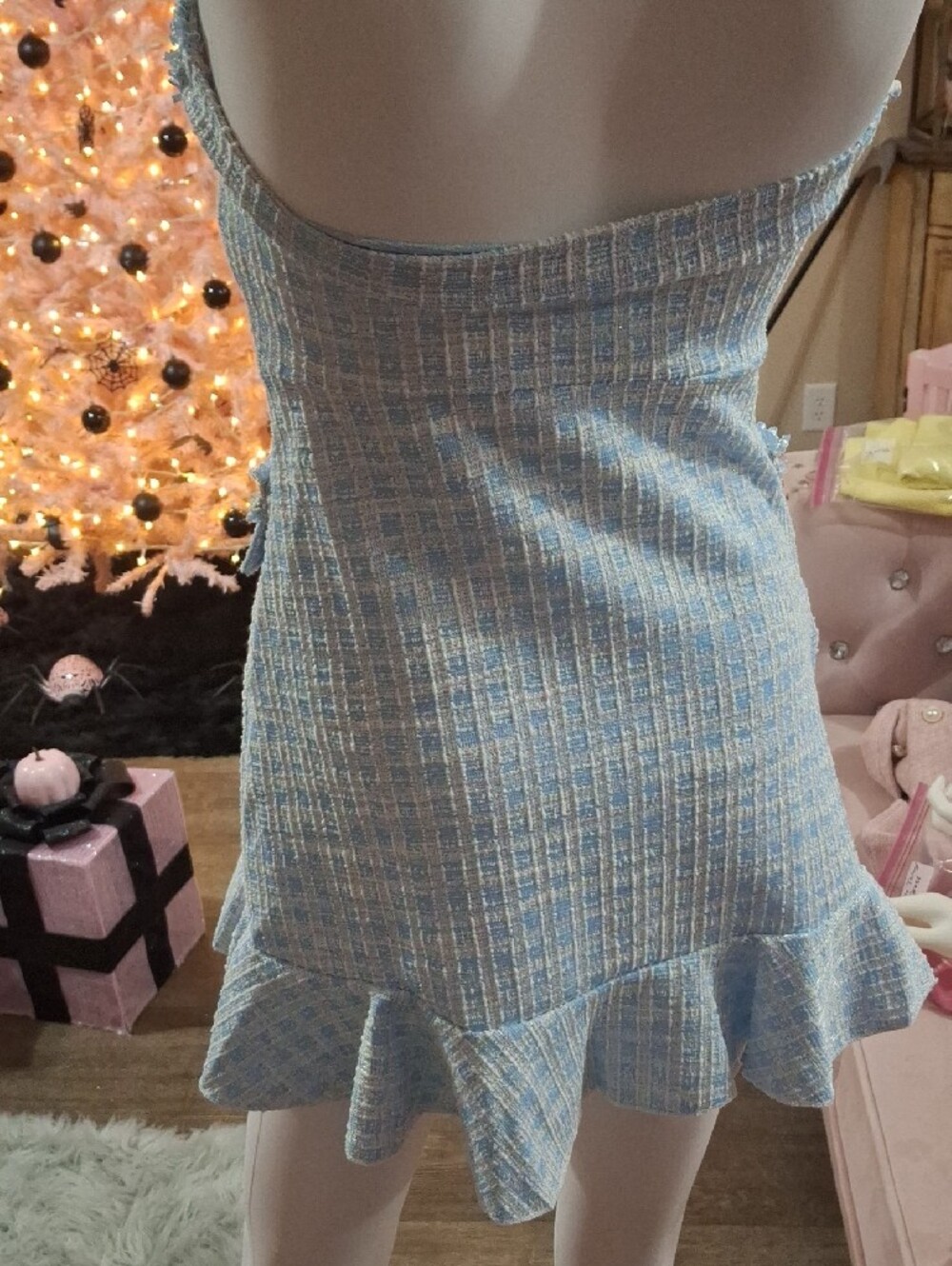 Strapless Light Blue Tweed Dress with Ruffle Hem Size S NWOT - Picture 2 of 2